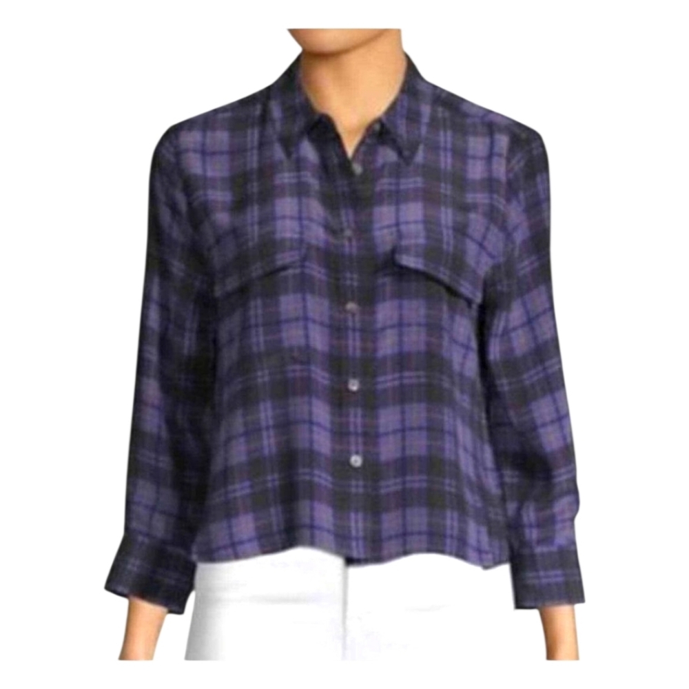 Equipment Femme 100% Silk Plaid Button Down Shirt Purple Size L